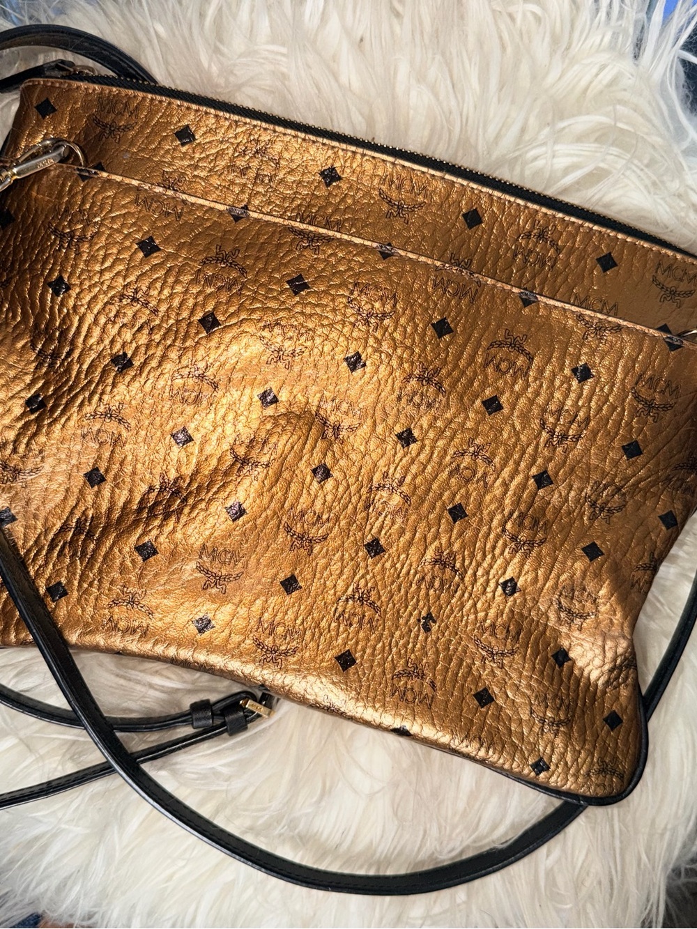 MCM Metallic Copper Logo-Print Crossbody with Black Strap
